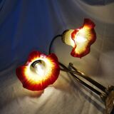 Brass water lily lamp and glass paste tulip, double, art nouveau style.