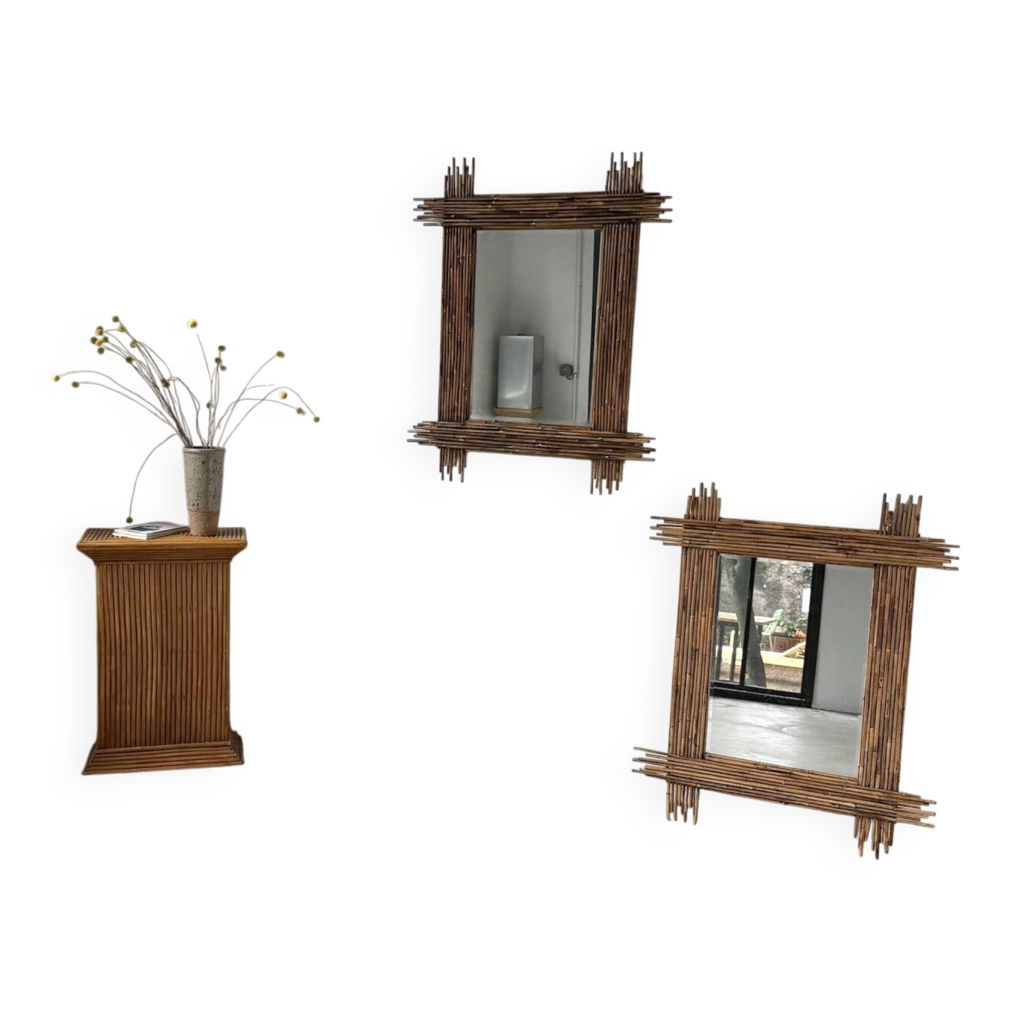 Pair of large vintage bamboo mirrors, 1970s