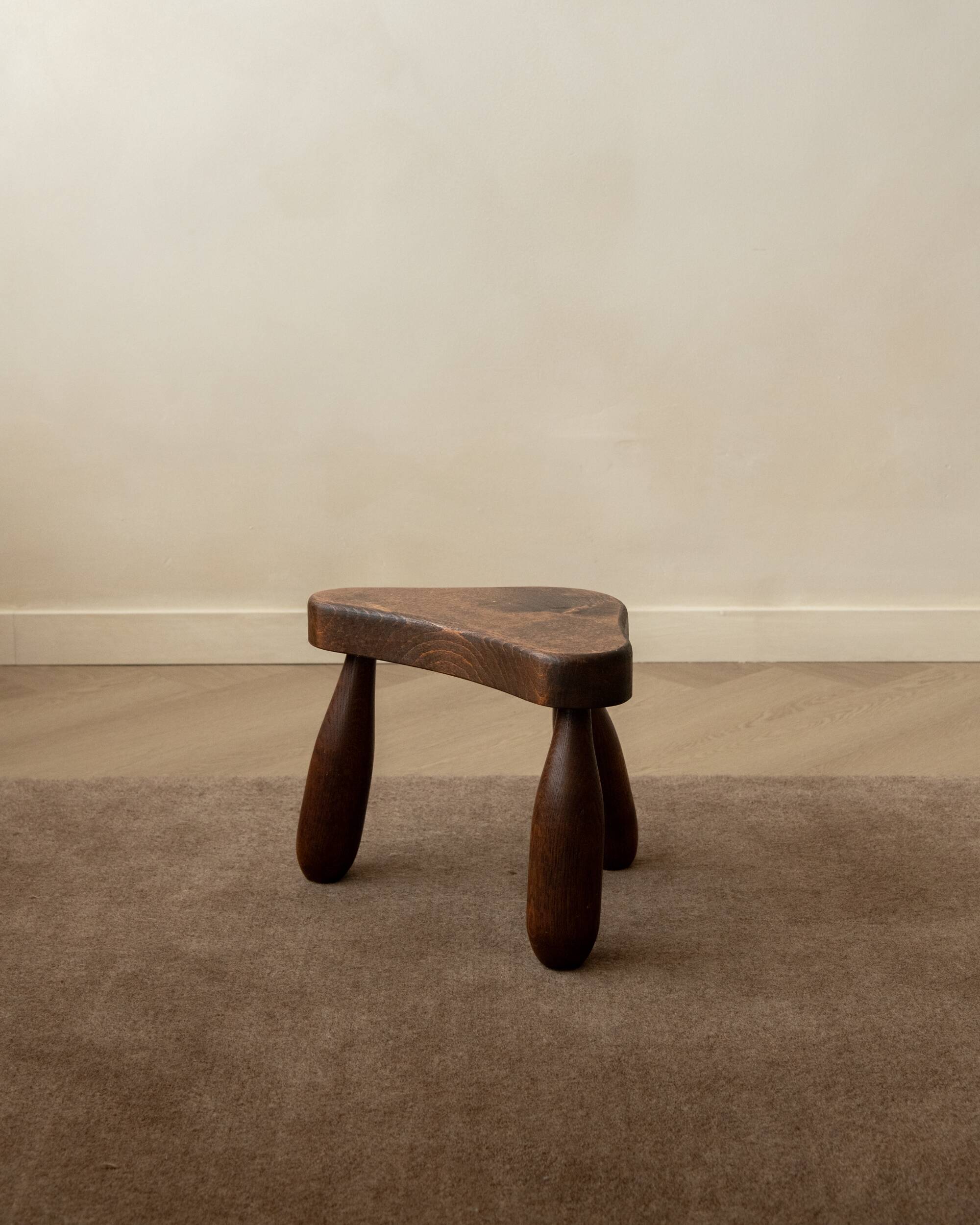 French Brutalist Wooden Tripod Stool in Solid Oak, 1950s