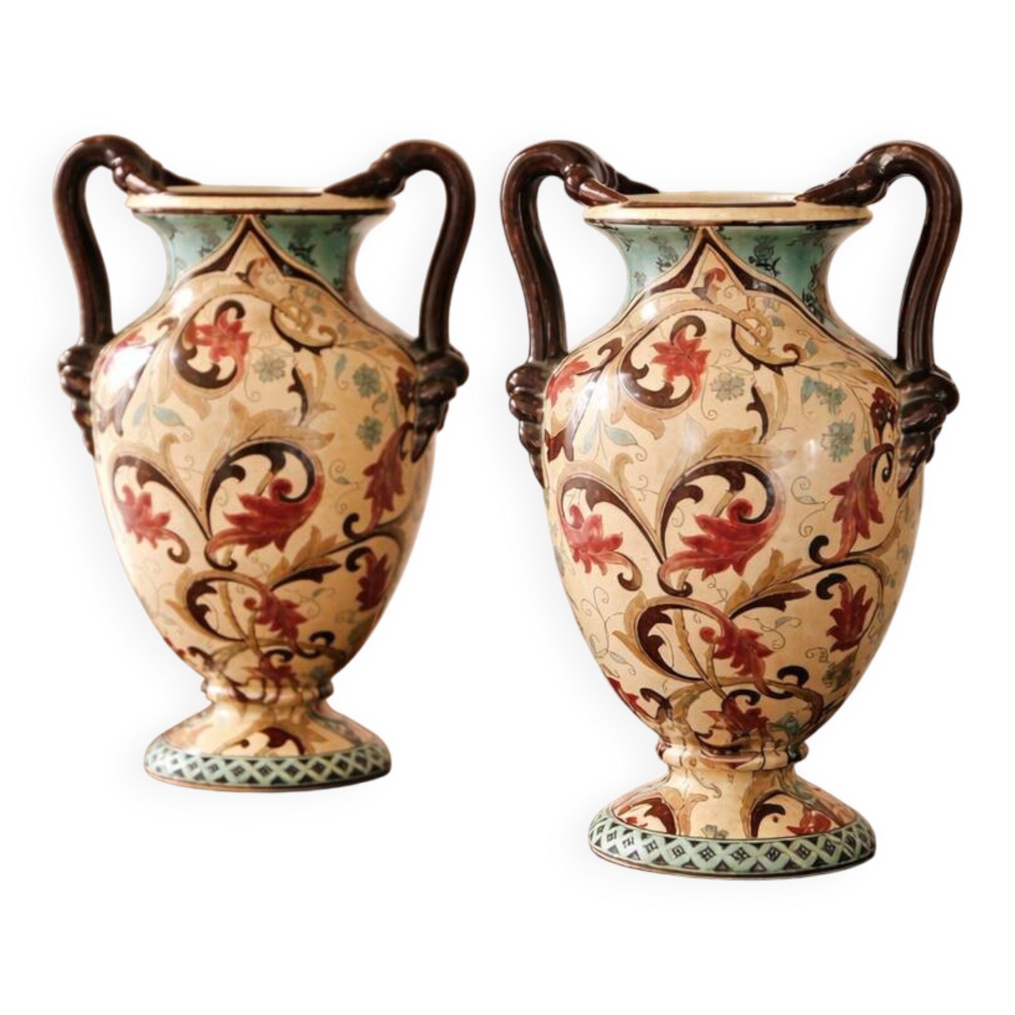Pair of large earthenware vases from Gien – Polychrome floral decoration – 20th century