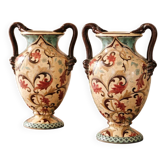 Pair of large earthenware vases from Gien – Polychrome floral decoration – 20th century