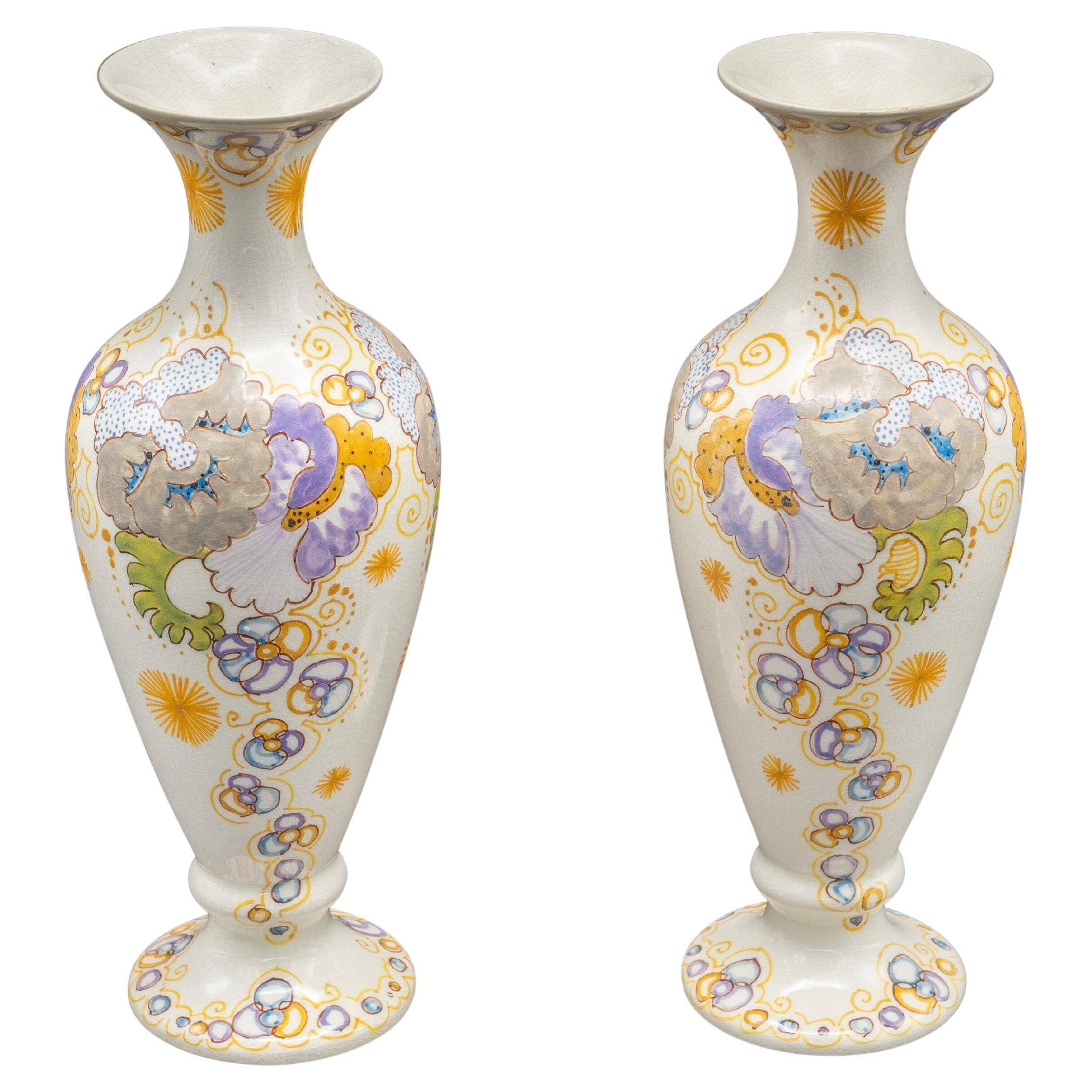 Pair of hand-painted ceramic vases in Dutch Art Nouveau Gouda PZH, 'Violetta', 1899