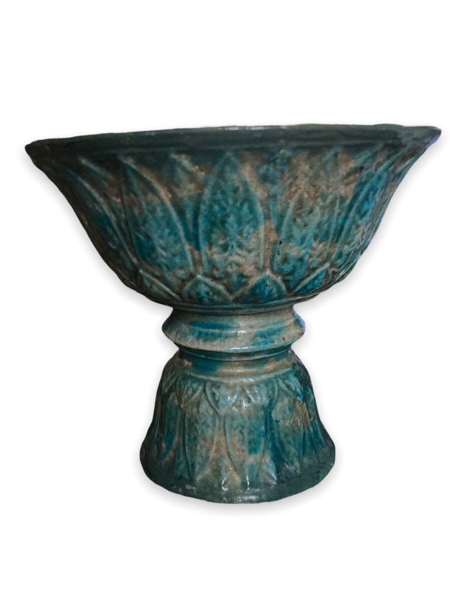 Diabolo shaped cut in blue glazed ceramic