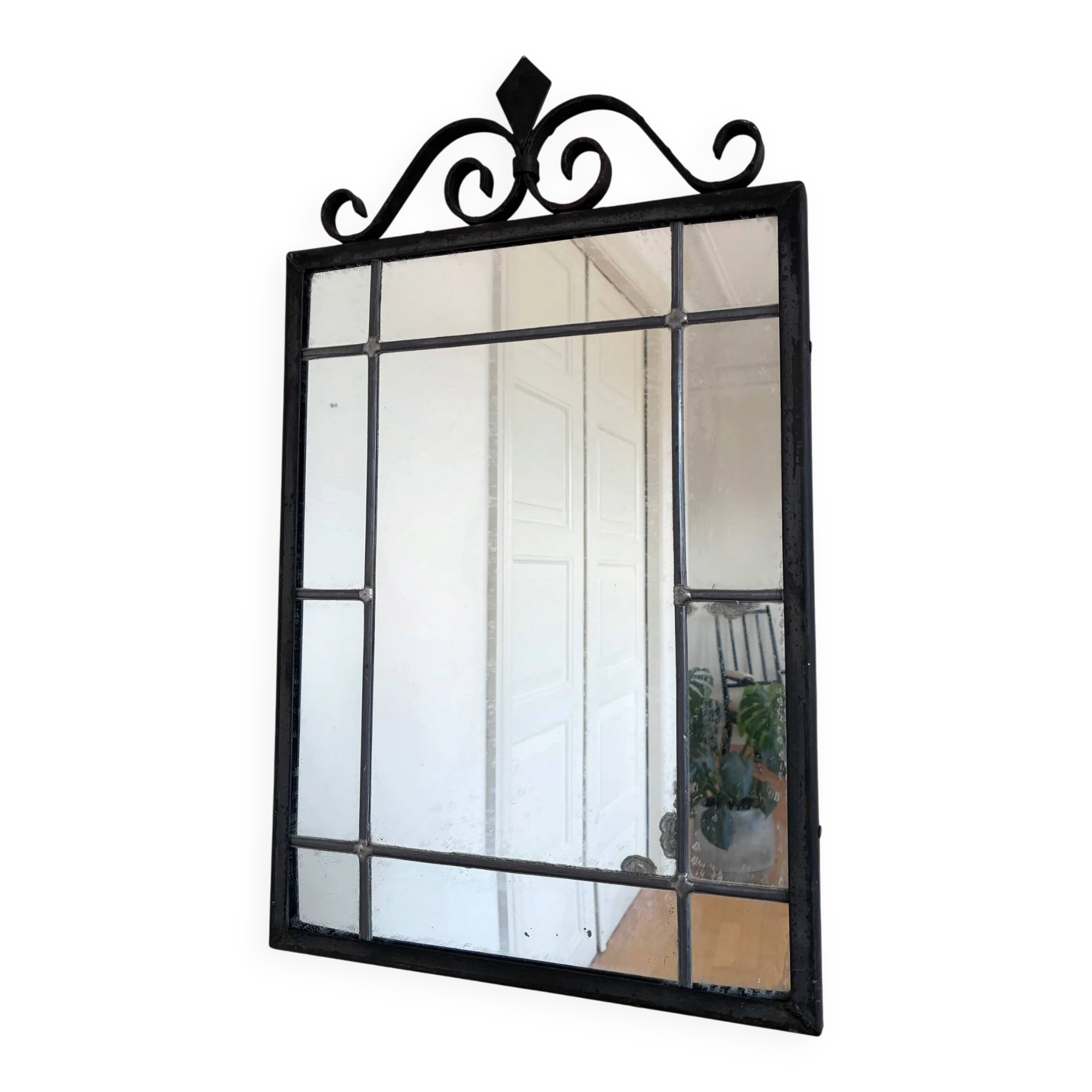 Art Deco black wrought iron wall mirror, Belgium, 1930s