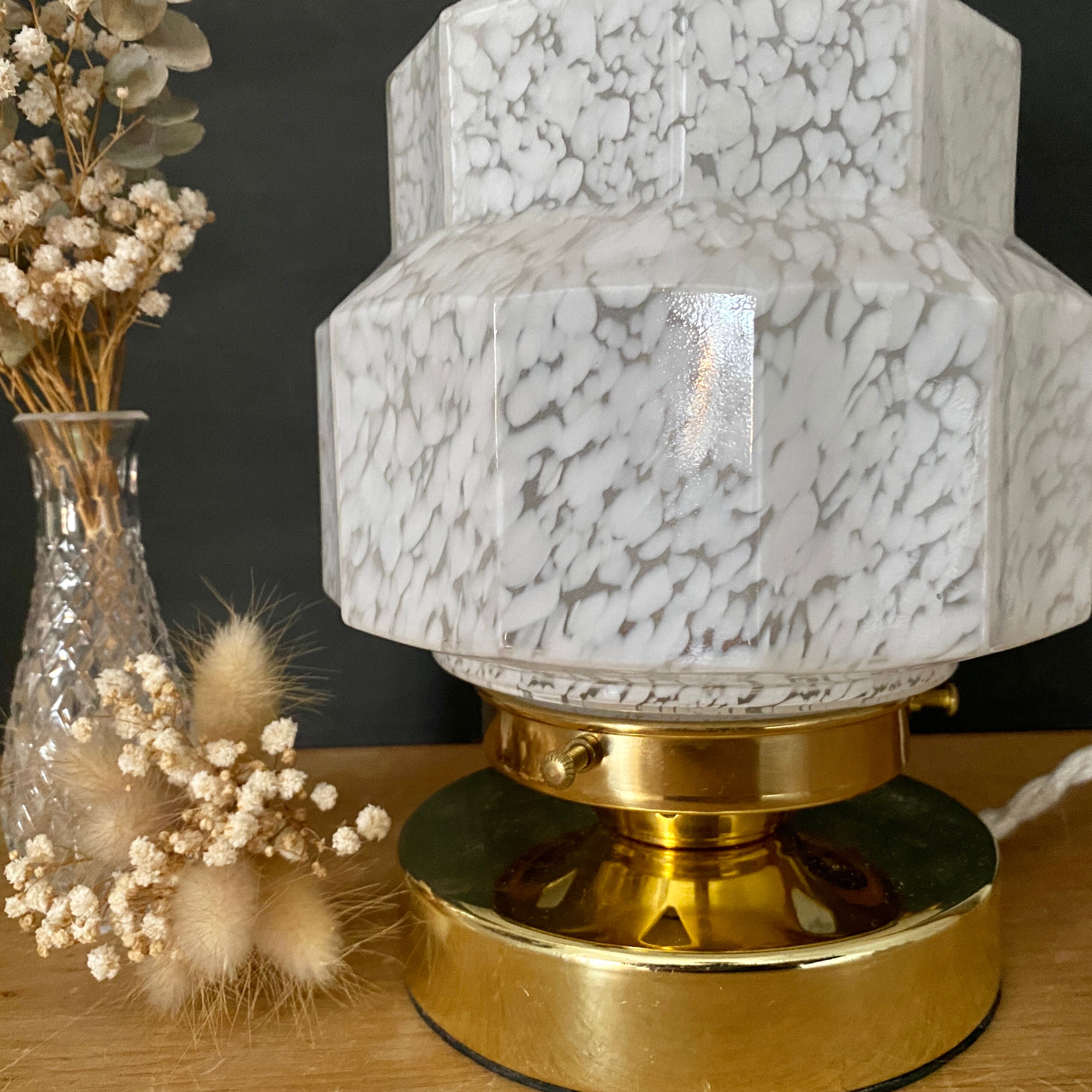 Table lamp vintage globe art deco glass of Clichy white