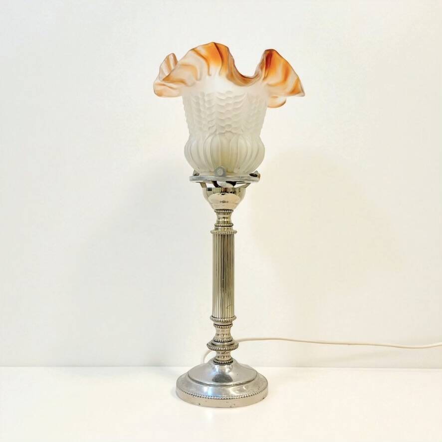 Empire chrome and opaline tulip pleated antique Art Deco bedside lamp
