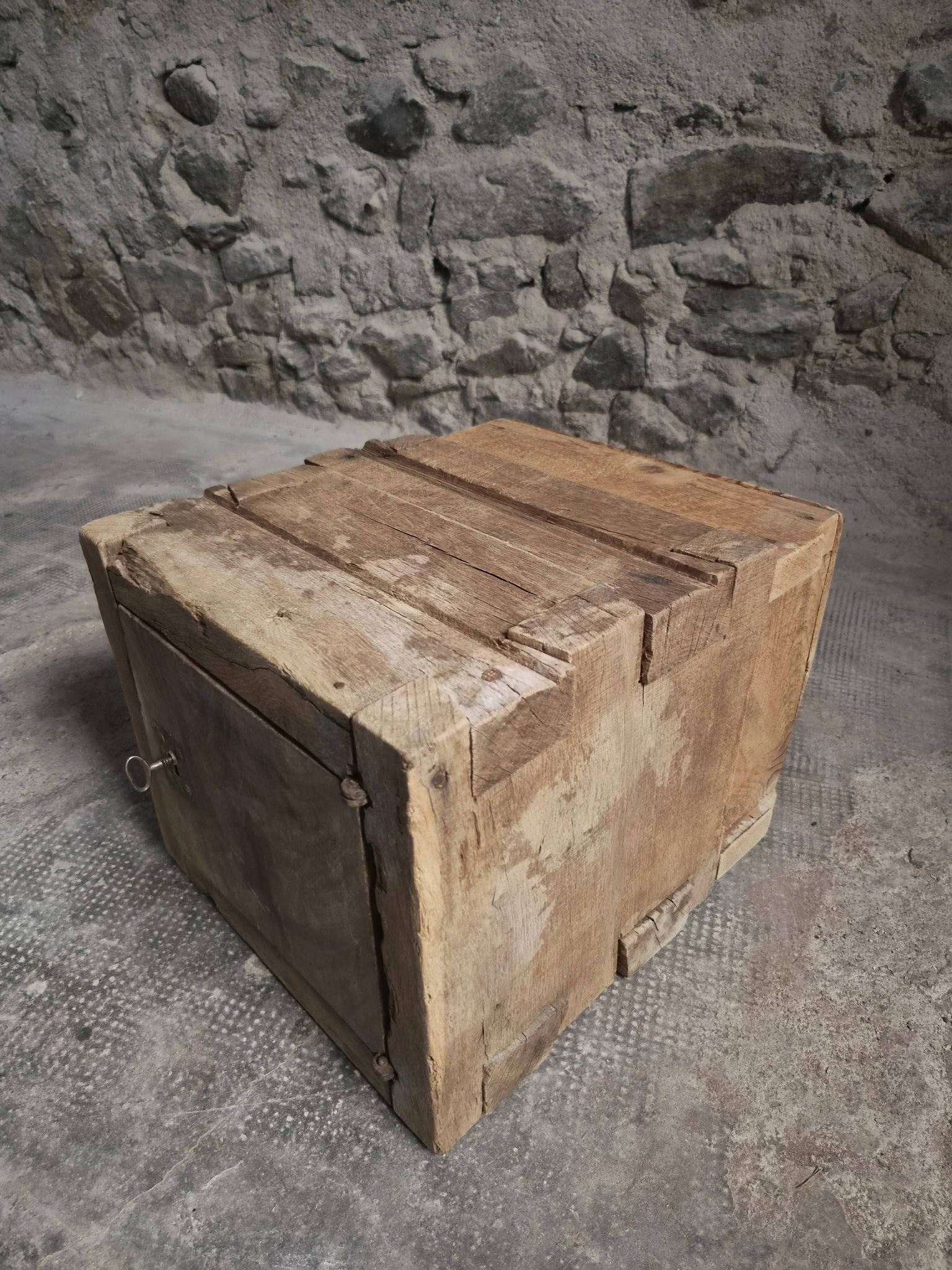 French antique oak safe, lockable rustic chest, circa 1750–1850.