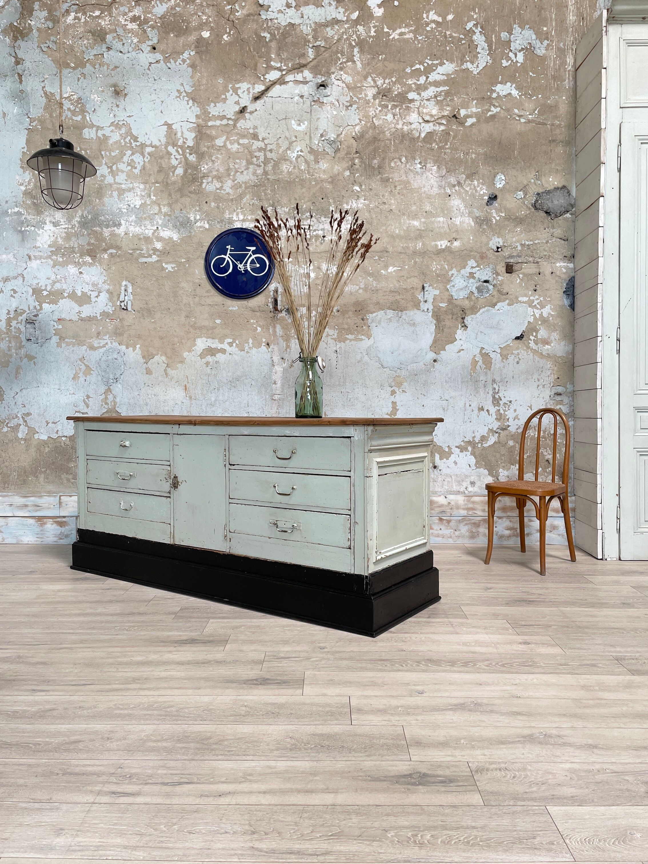 Bank counter furniture in patinated wood, circa 1900