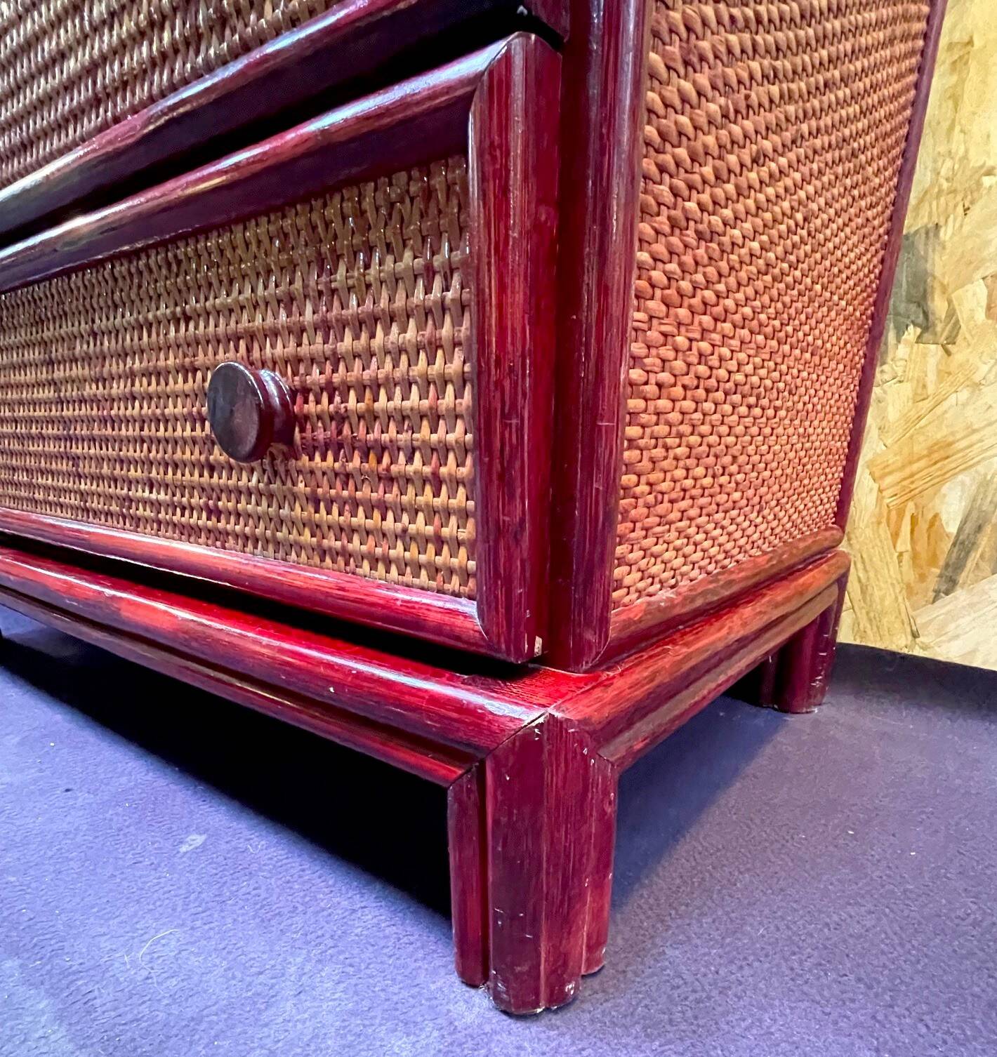 Wood and rattan commode Maugrion vintage 1980s