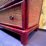 Wood and rattan commode Maugrion vintage 1980s