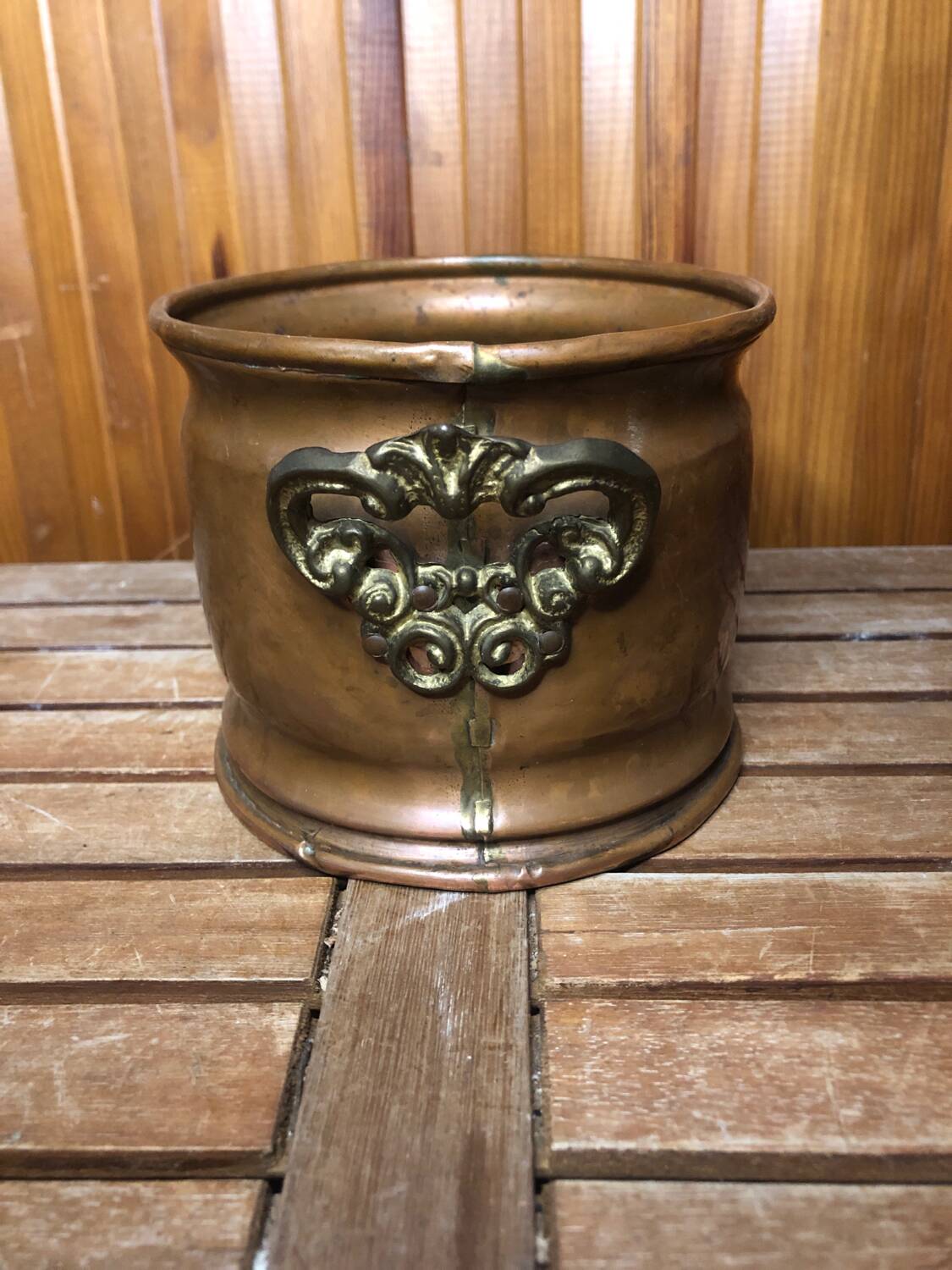 Old copper pot + vintage brass handles #a531