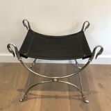 Tabouret curule en acier argenté de style néoclassique à têtes de cygne