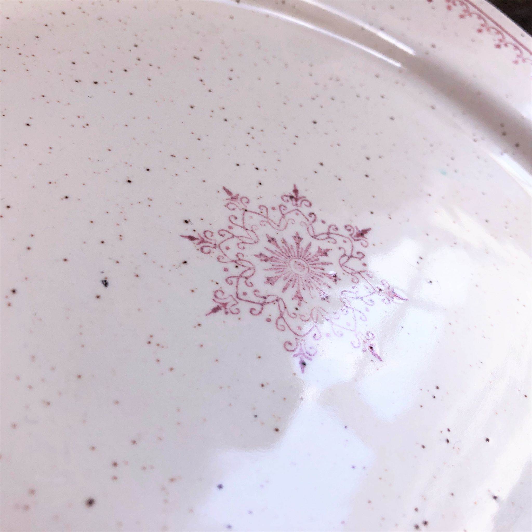 Old pink speckled beige dessert plate from the Dentelle St Amand collection