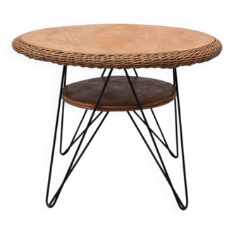 Table basse en rotin et métal, France 1950
