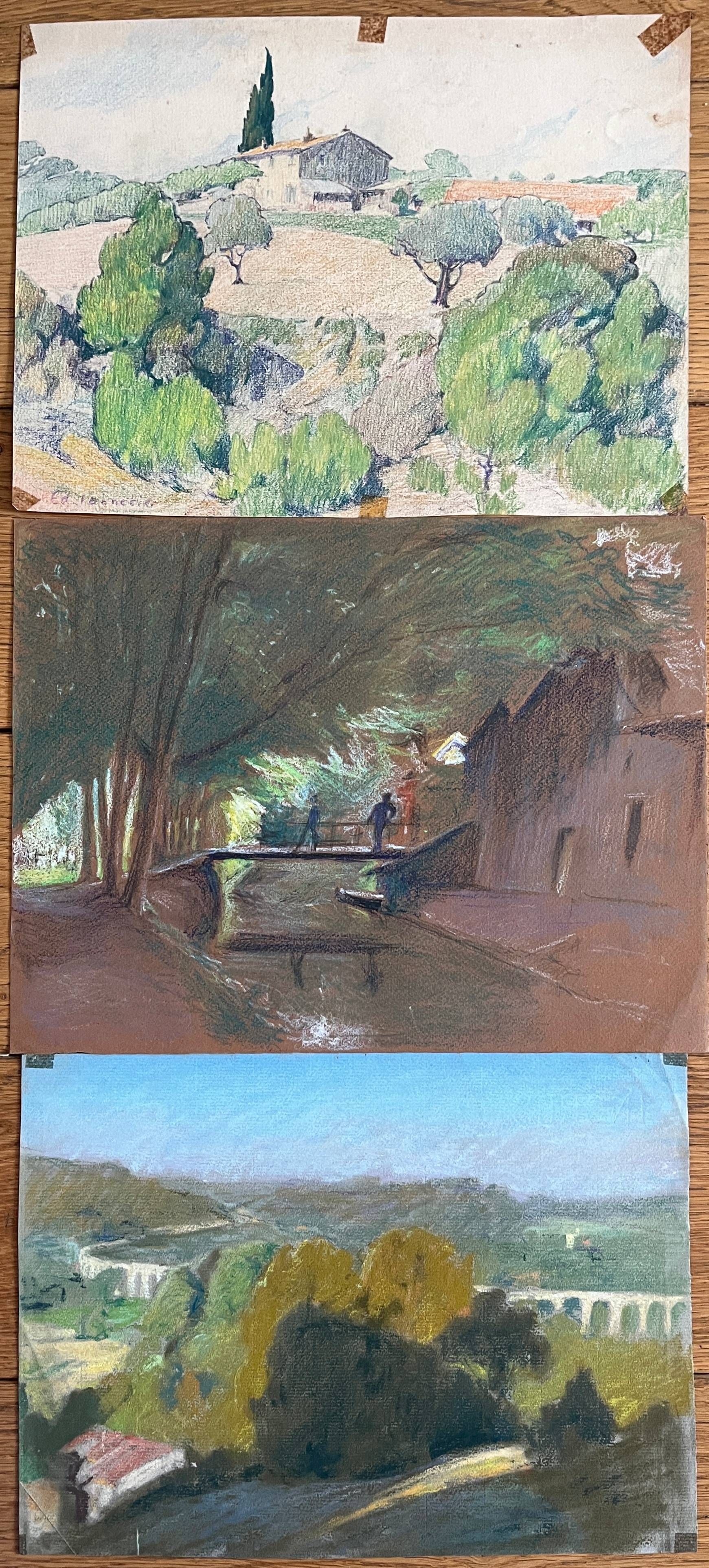 Paintings set of 3 drawings by Ed. Pannetier (1884-1965) Provence Côte d'Azur