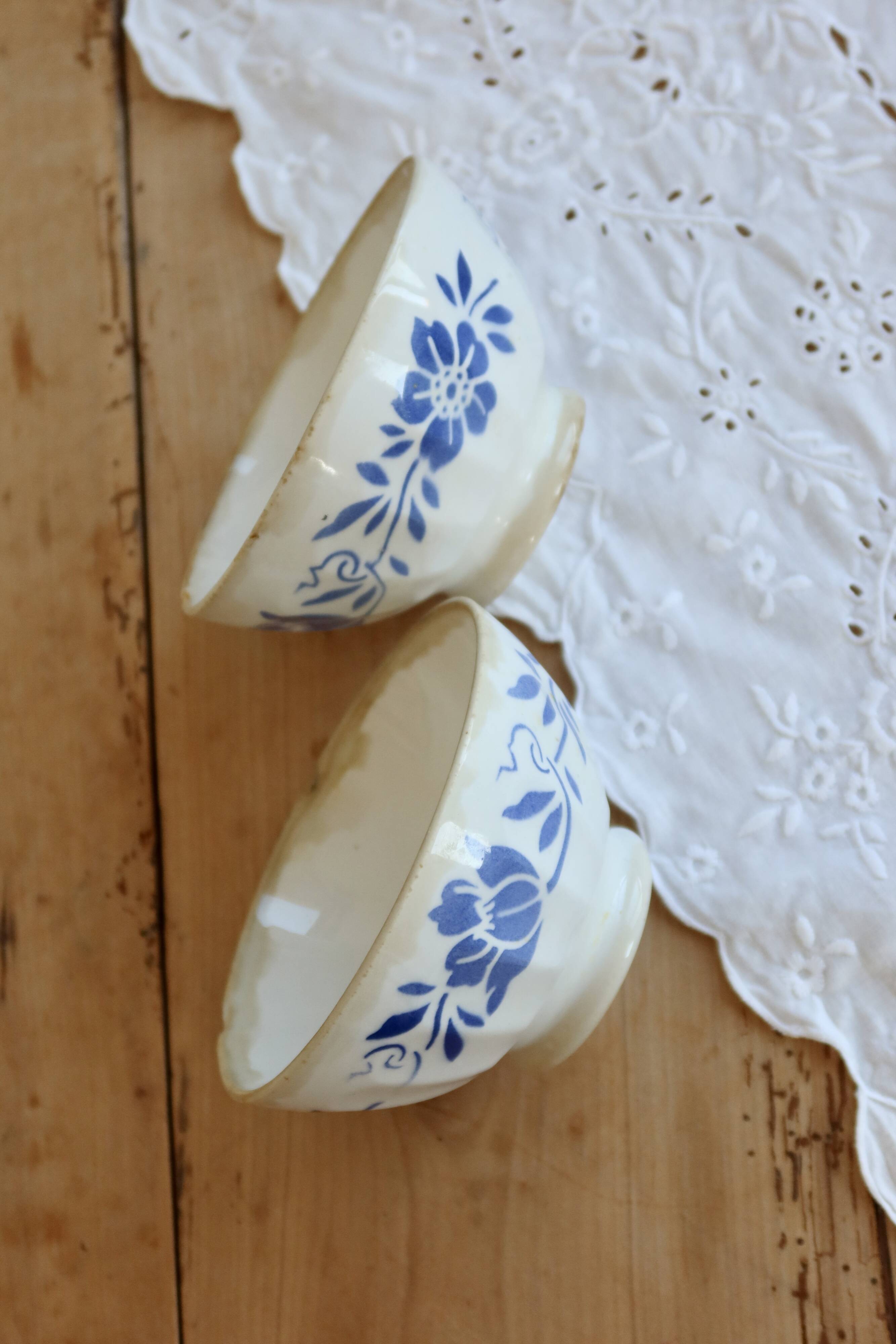 Paire de bols vintage en faïence décor bleu fleuri