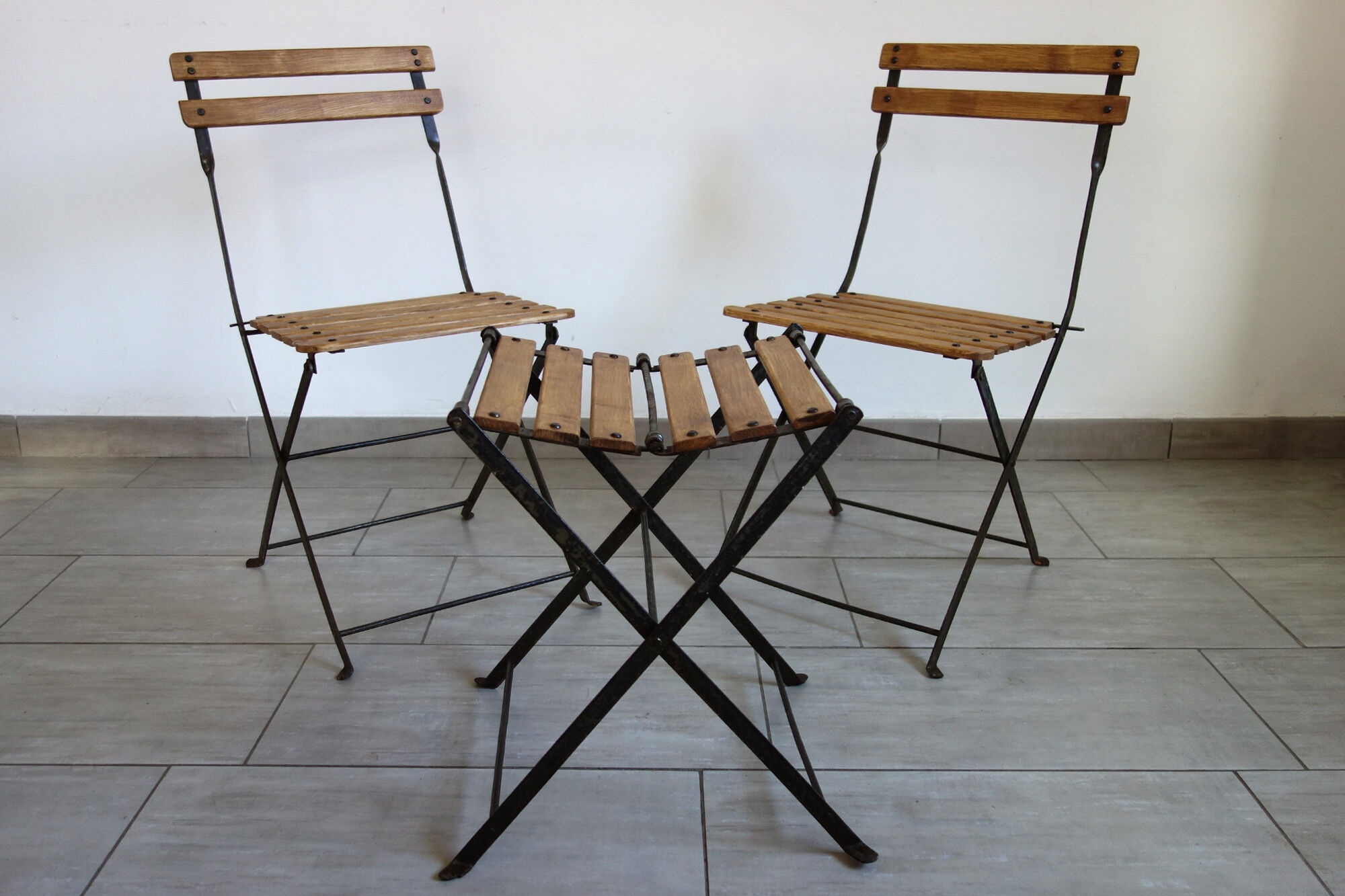 Vintage folding chairs and stool set