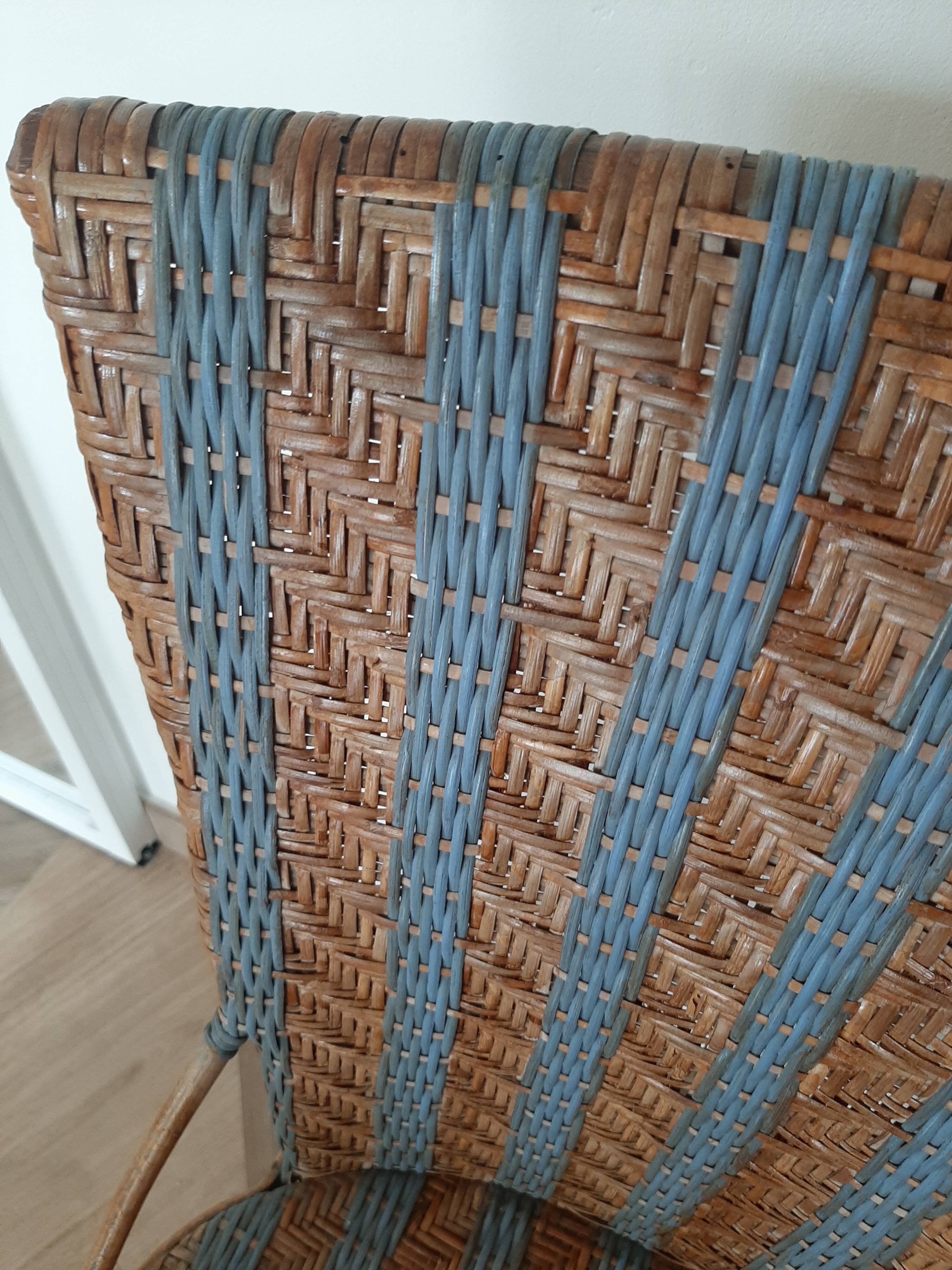Vintage set of 2 garden woven rattan chairs - sky blue nets - 40