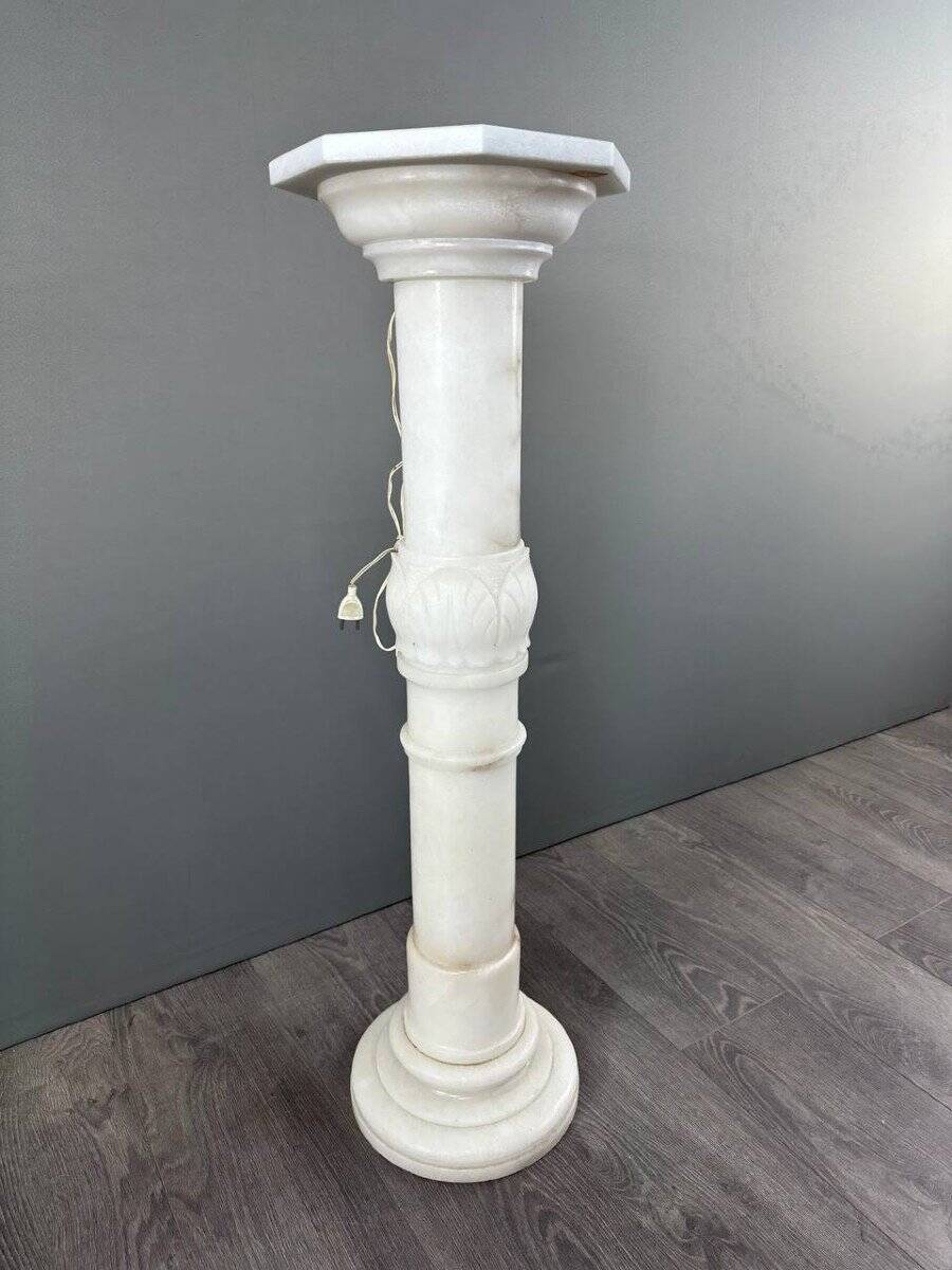 Carved White Marble Column, Mid-20th Century