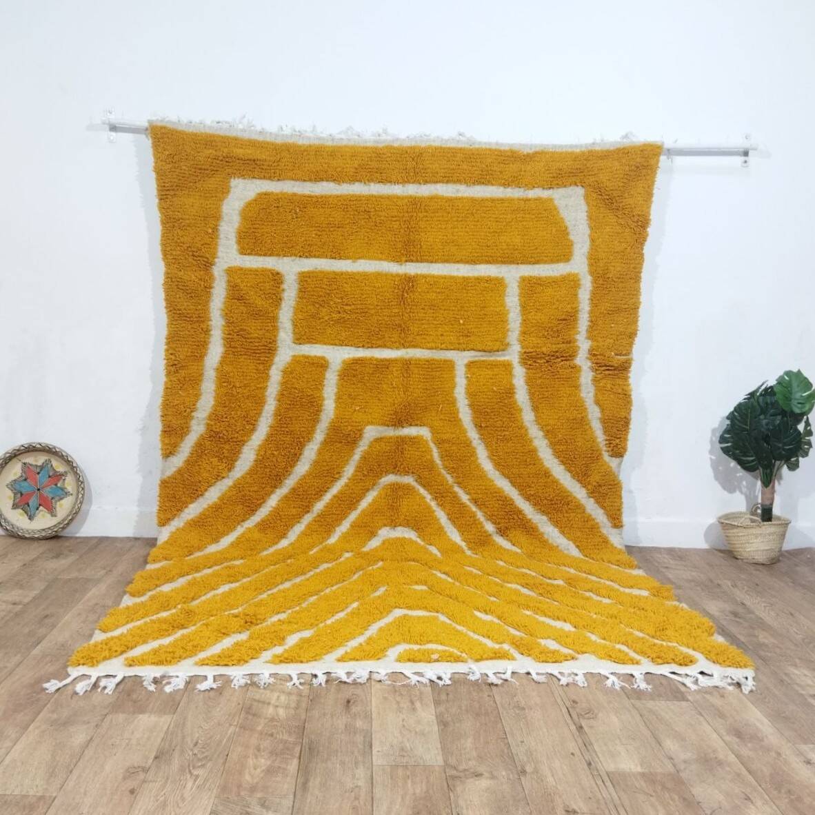 Large Moroccan Berber rug in mustard yellow and ecru, 293 x 200 cm.