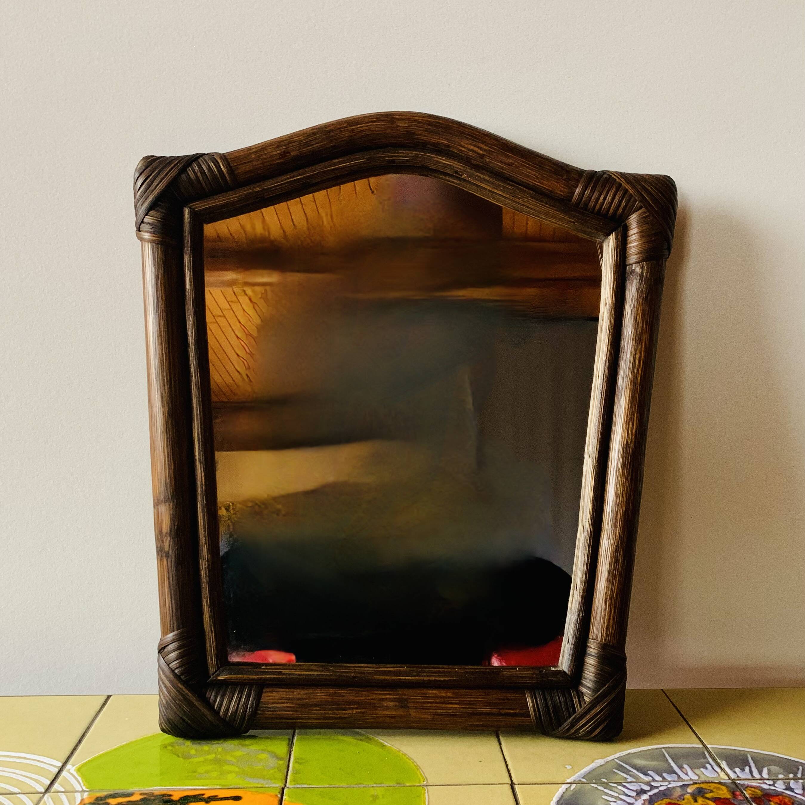 Vintage trapezoidal bamboo mirror