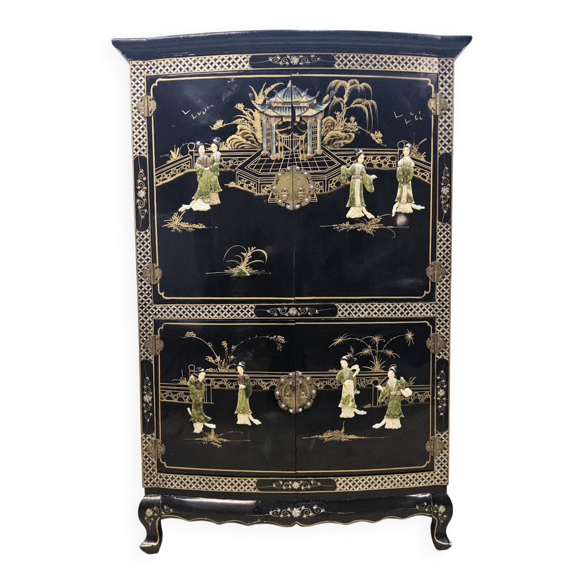 Vintage Chinese black lacquer cabinet soapstone, mother-of-pearl bohemia