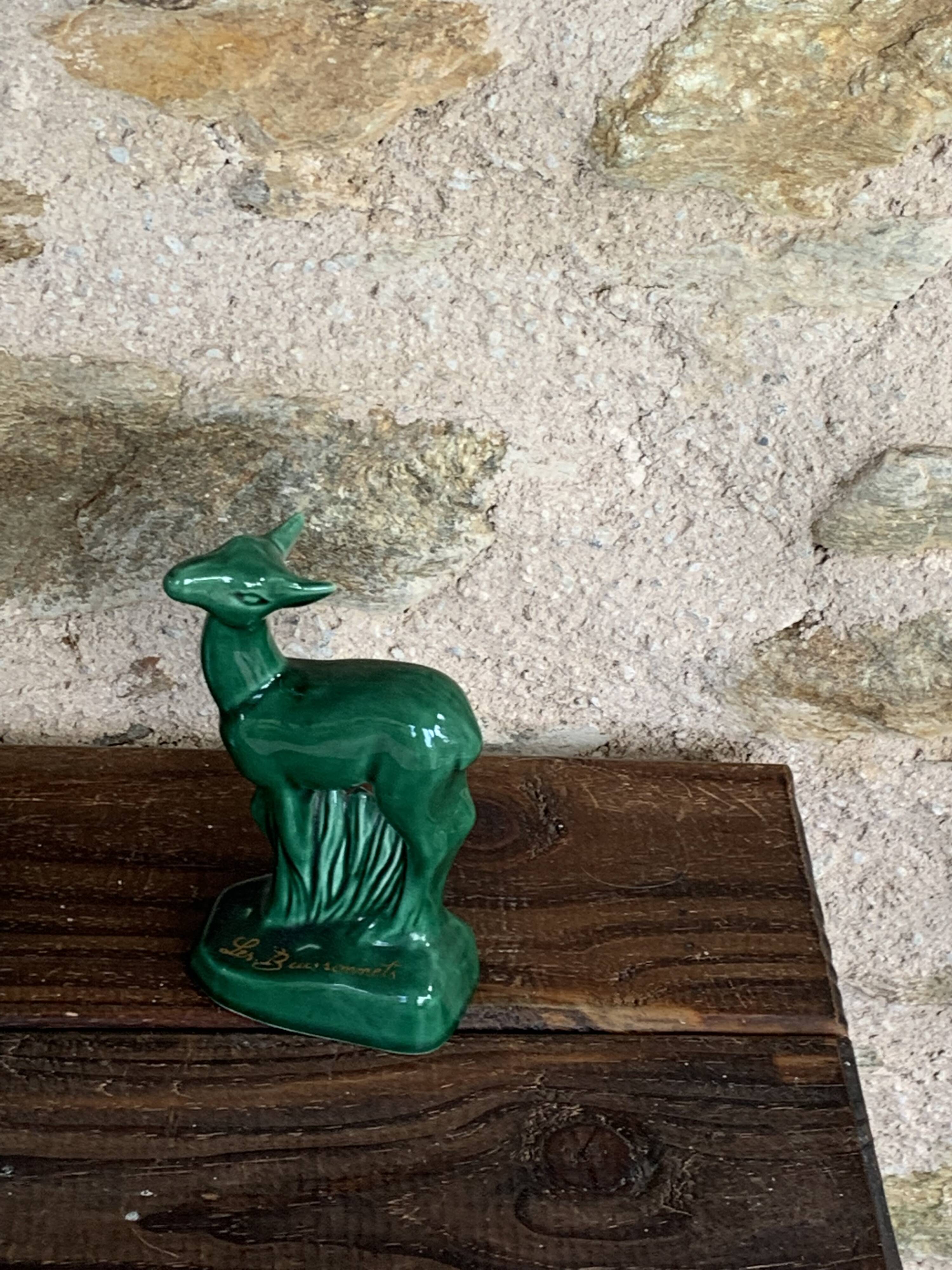 Pair of deer in green enameled ceramic, slip, decorative, Stamped, Les Buissonnets