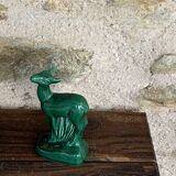 Pair of deer in green enameled ceramic, slip, decorative, Stamped, Les Buissonnets