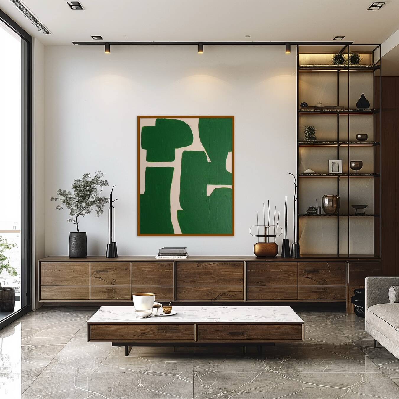 Abstract green art on a beige background.