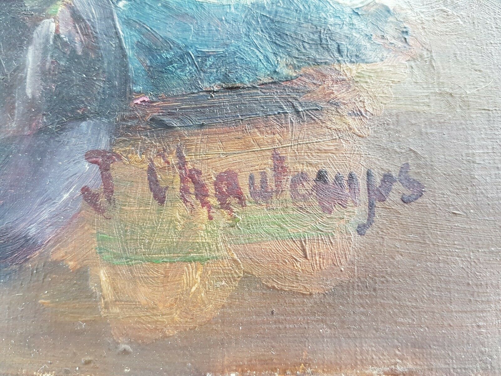 Oil on canvas still life bouquet of artist's signature flowers