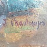 Oil on canvas still life bouquet of artist's signature flowers