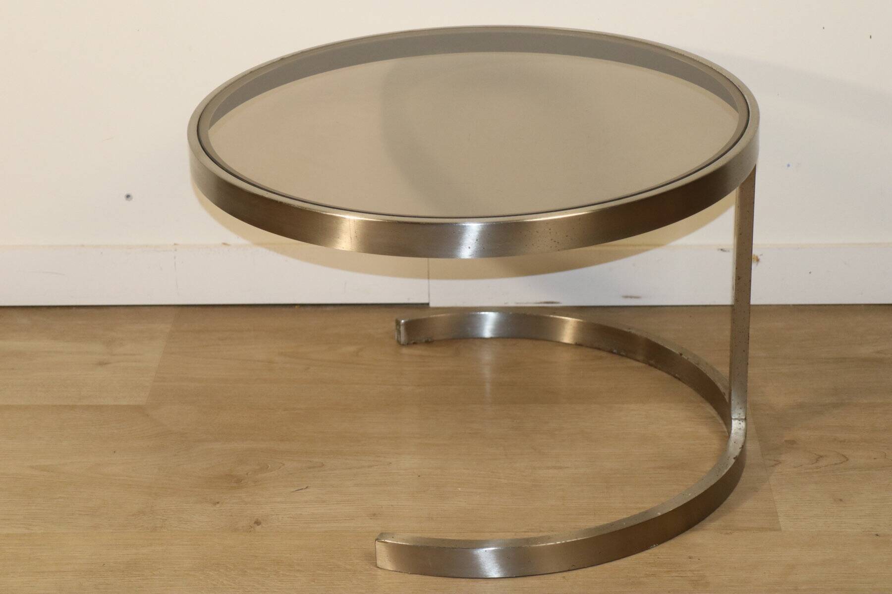 Table basse d'appoint vintage en acier brossé et verre, 1970