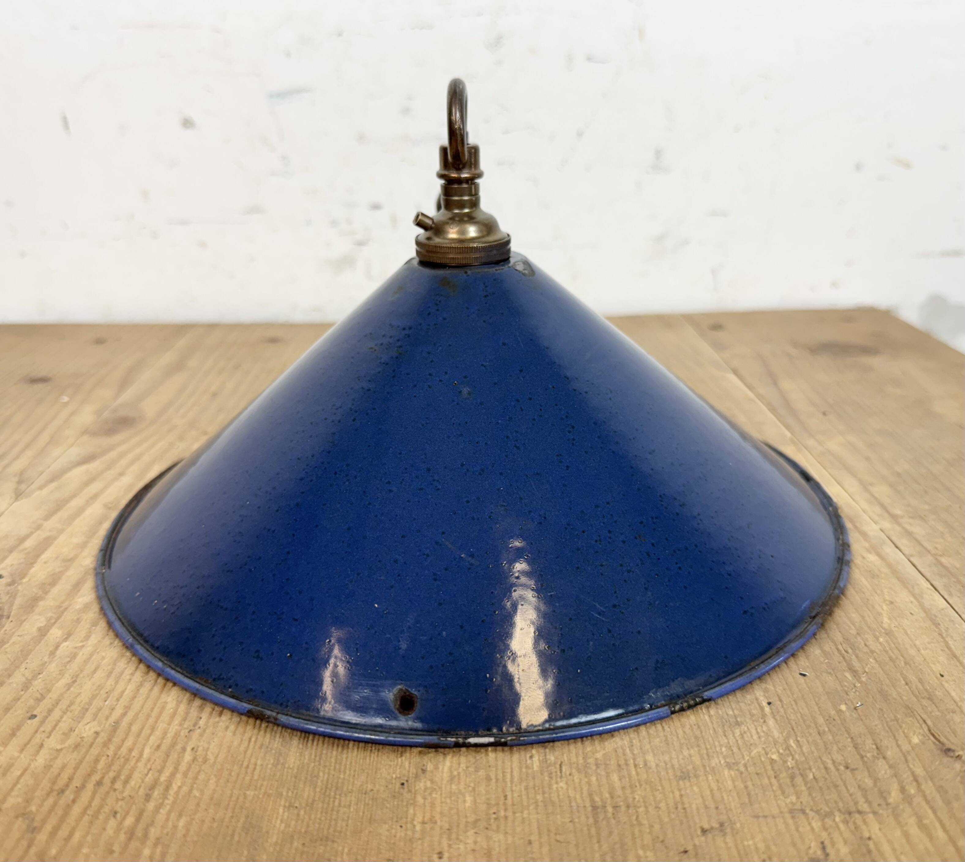Industrial British Blue Enamel Factory Pendant Lamp, 1950s