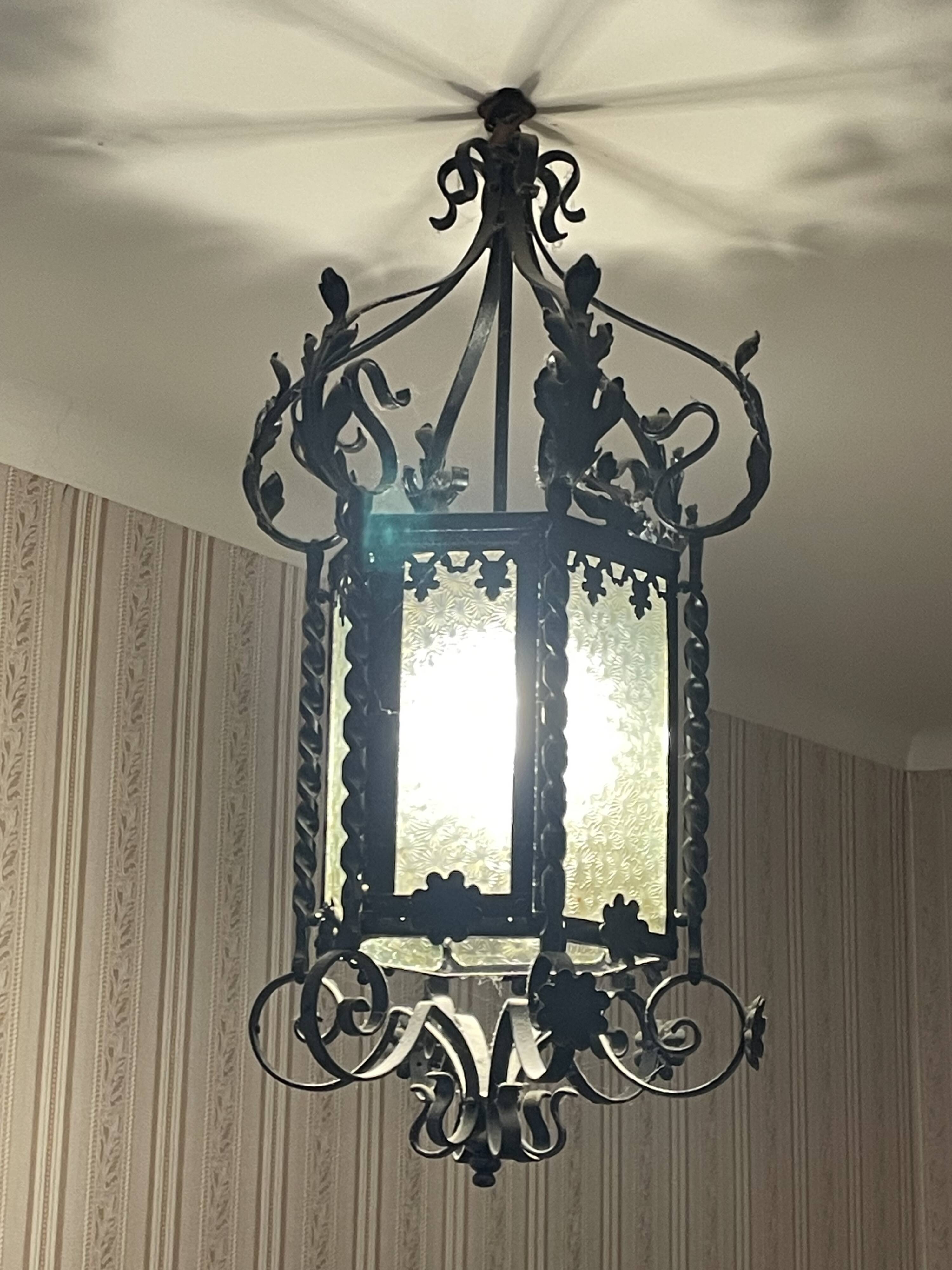 Vestibule lantern, hall, wrought iron entrance & cathedral glass, 80 cm pendant light