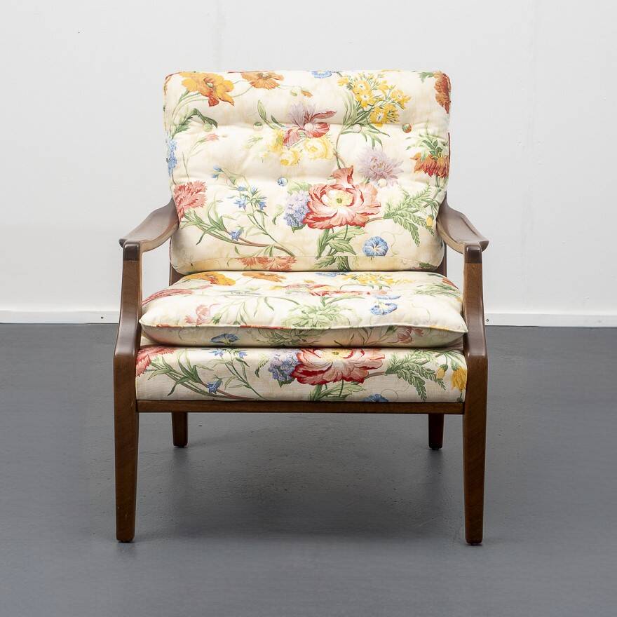 Restored 1960s armchair, floral pattern, two available.