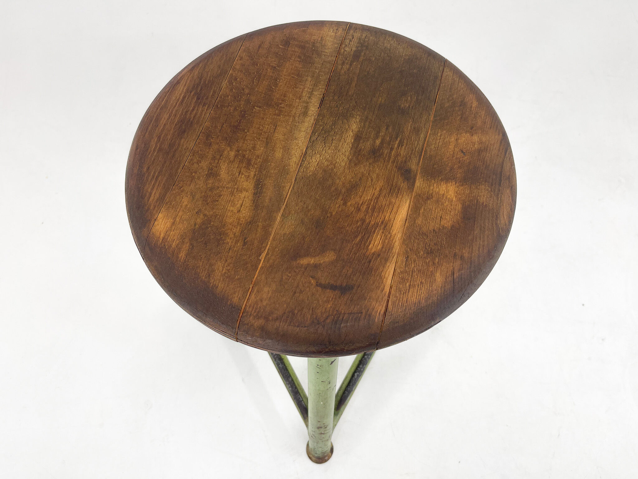 Vintage industrial steel & wood tripod stool, 1950's