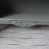 Louis XV style bookcase, green gray with 3 adjustable shelves, wooden tray.