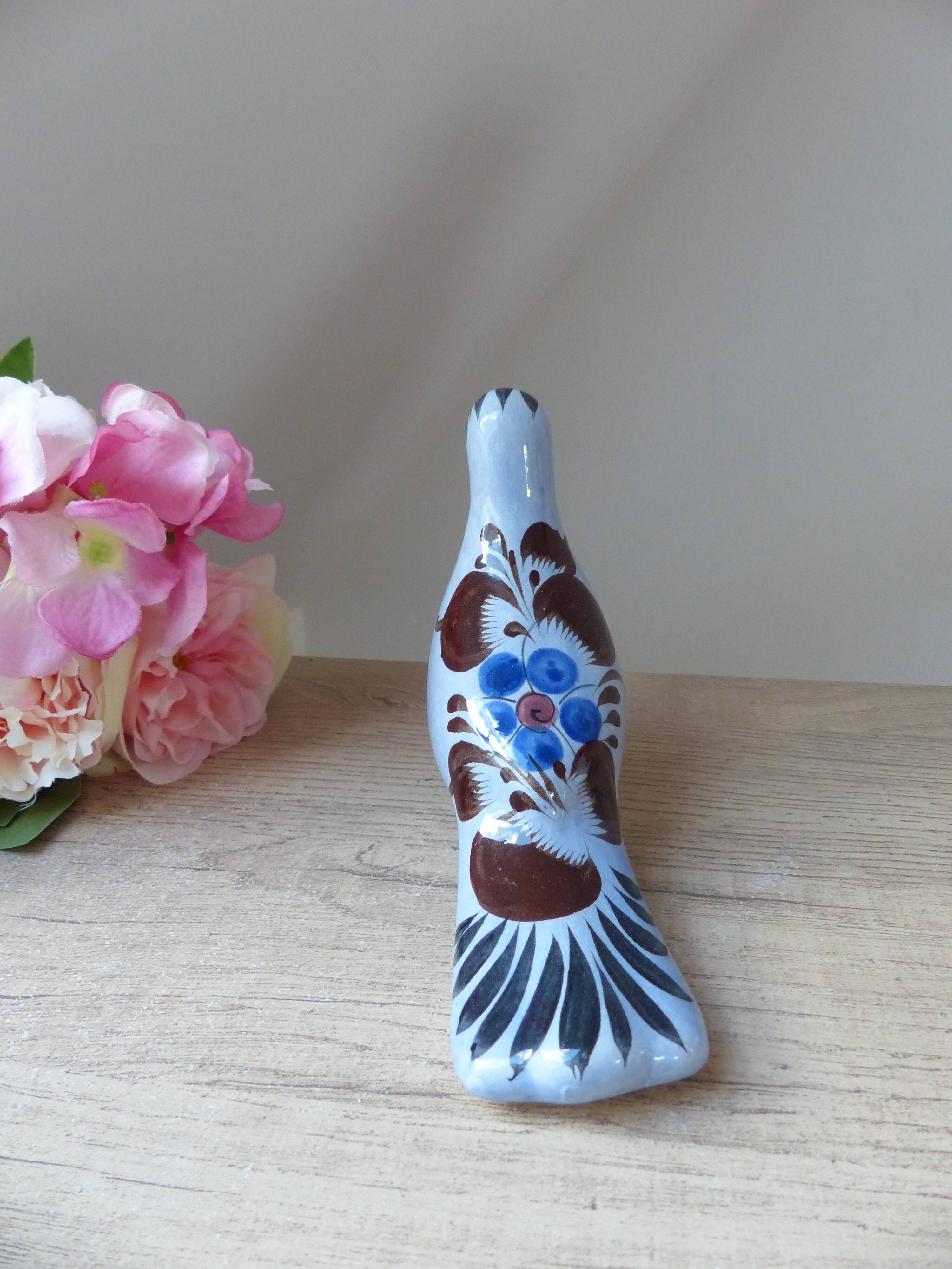 Bird figurine, large Tonala pottery dove with floral pattern Mexico vintage decoration