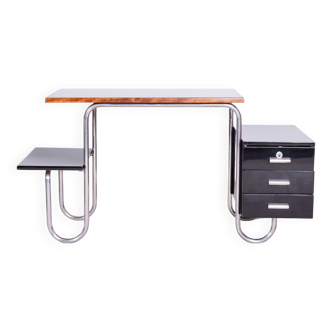 Restored Bauhaus Writing Desk, Chrome-Plated Steel, Black Glass, Czechia, 1930s