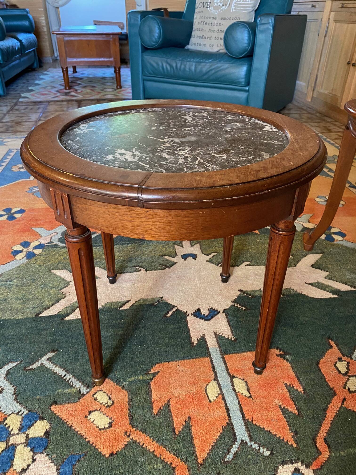 Round oak serving table with marble top