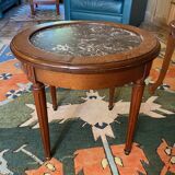 Round oak serving table with marble top