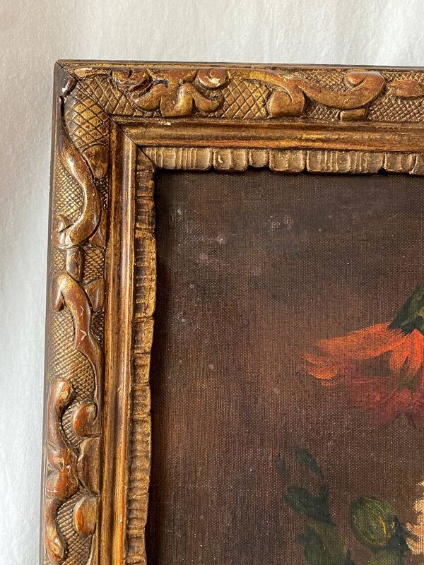 Ecole hollandaise XIXe, huile sur toile. “Bouquet de fleurs sur un entablement”.