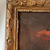 Ecole hollandaise XIXe, huile sur toile. “Bouquet de fleurs sur un entablement”.