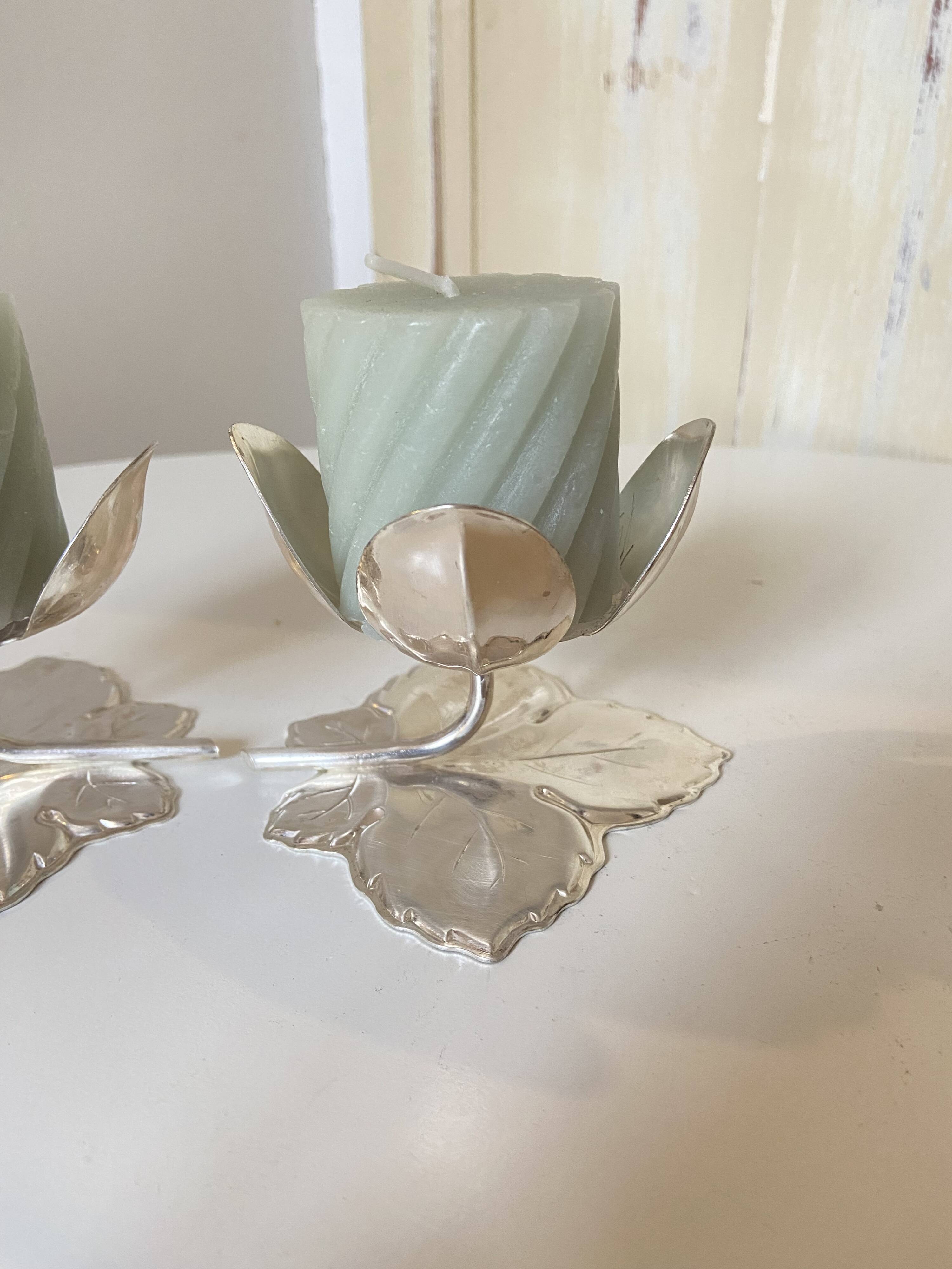 Set of 2 Silver Candle Holders - Tulip Shape on Vine Leaf