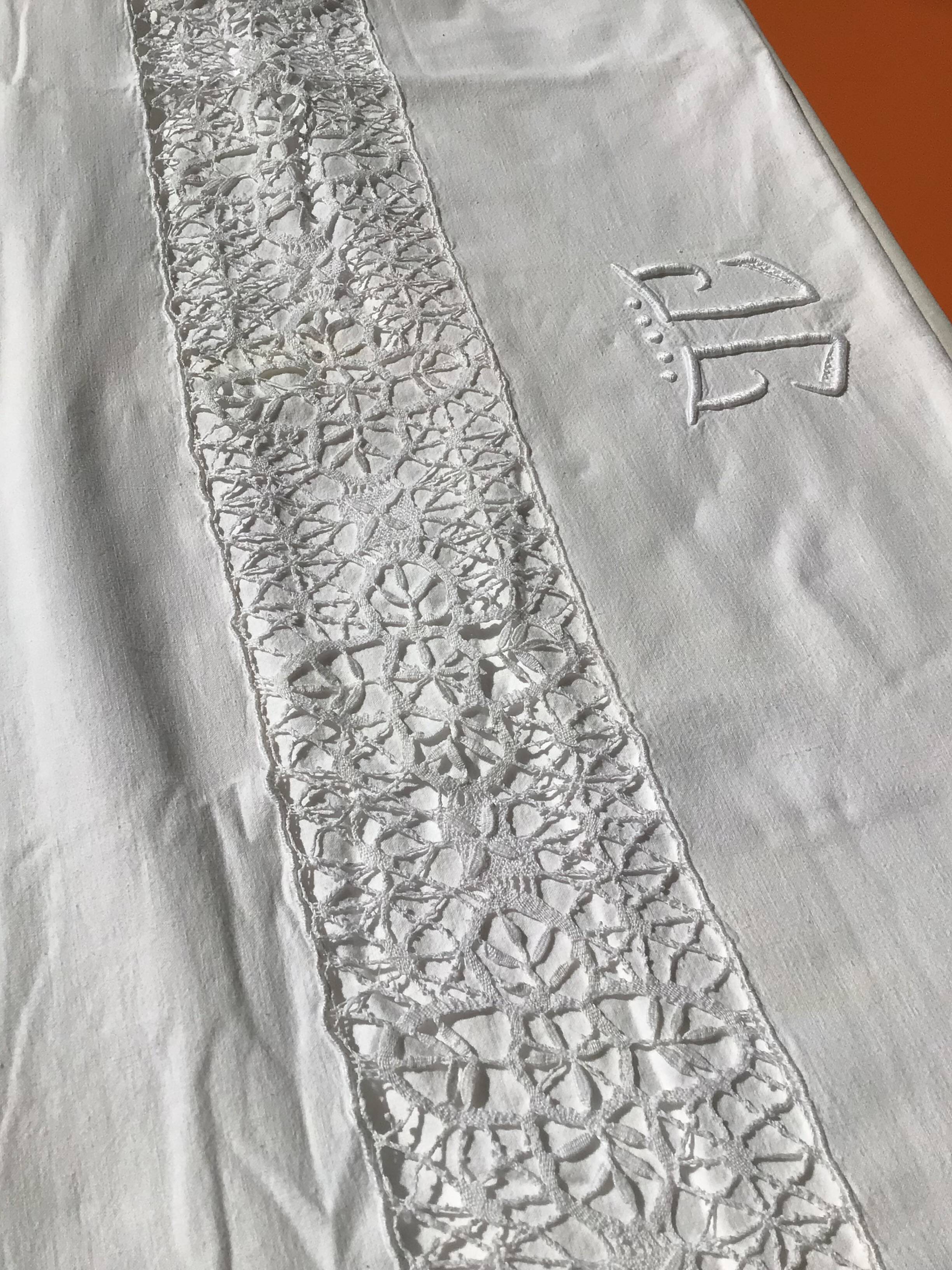 JC embroidered single sheet with crocheted lace