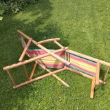Vintage children's deckchair, sun lounger, striped canvas, 1960-1970.