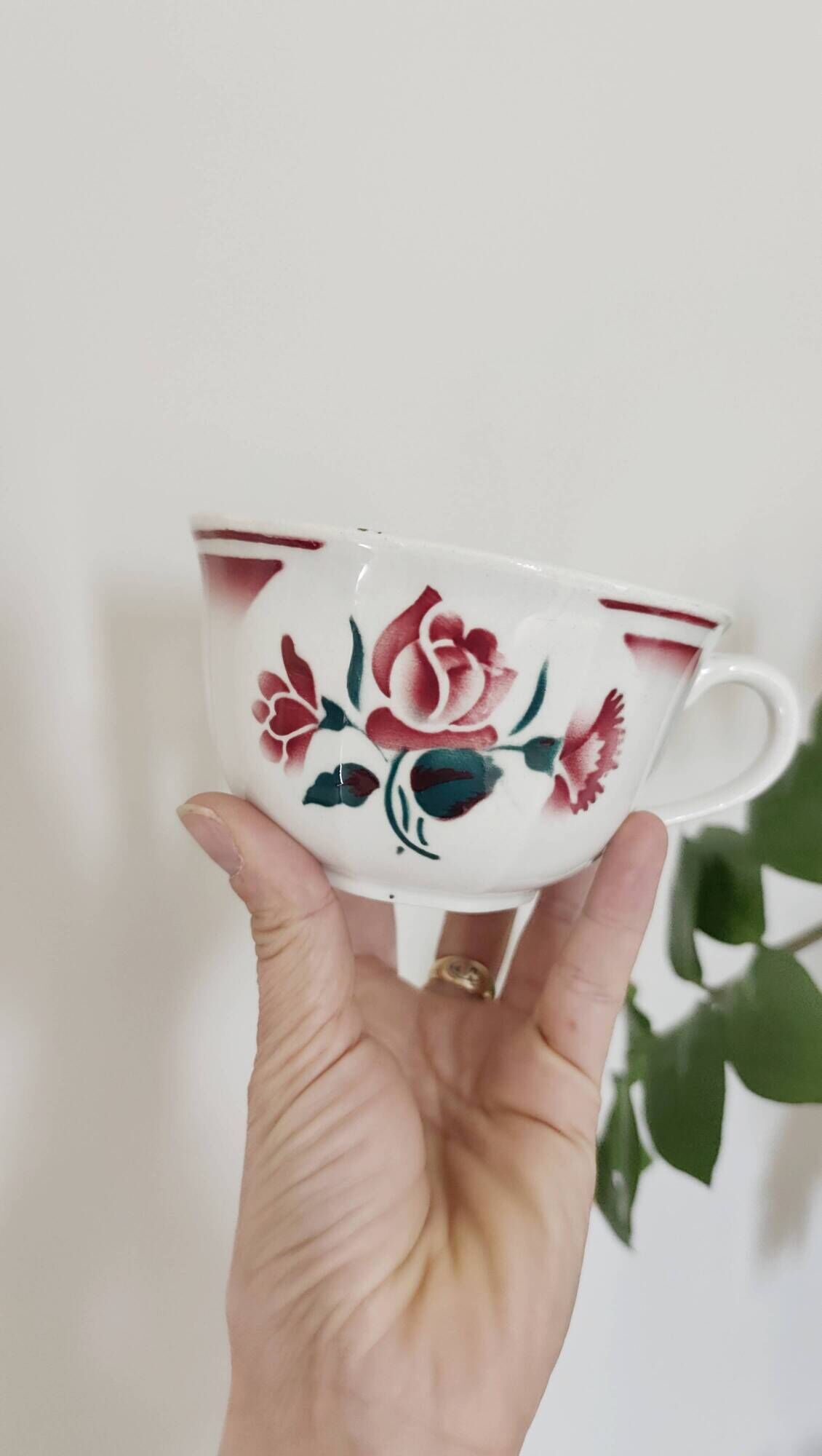 Trio of large antique chocolate cups (Fénal Badonviller – “Red Rose” decoration)