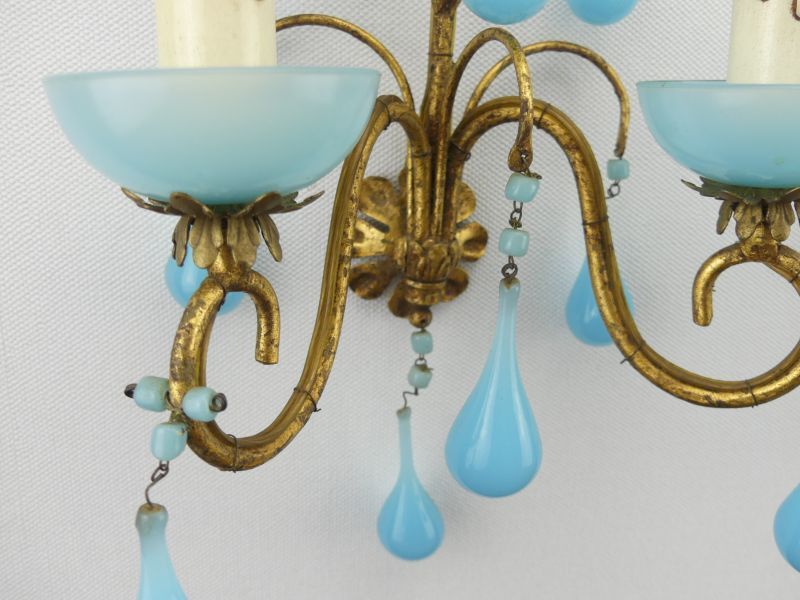Pair of vintage wall lamps Murano blue opaline tassels