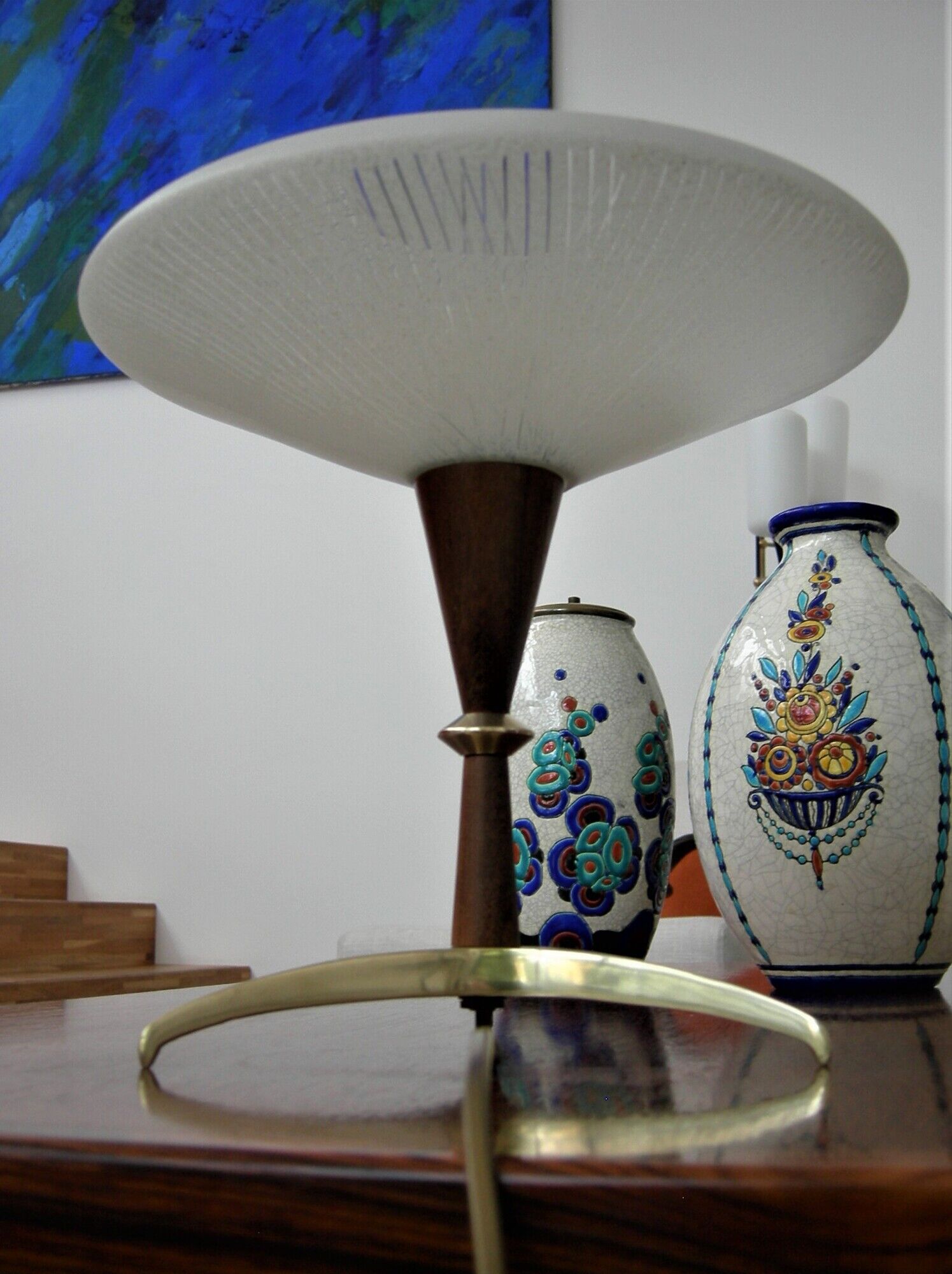 Scandinavian style lamp in teak, brass and opaline