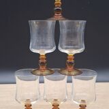 Set of 6 antique Luminarc glasses with amber feet
